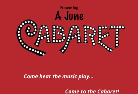 Broadway-style graphic with the words A June Cabaret w/song lyrics set against a red background