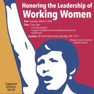 Poster showing illustration of woman with fist raised in the air, with text Honoring the Leadership of Working Women