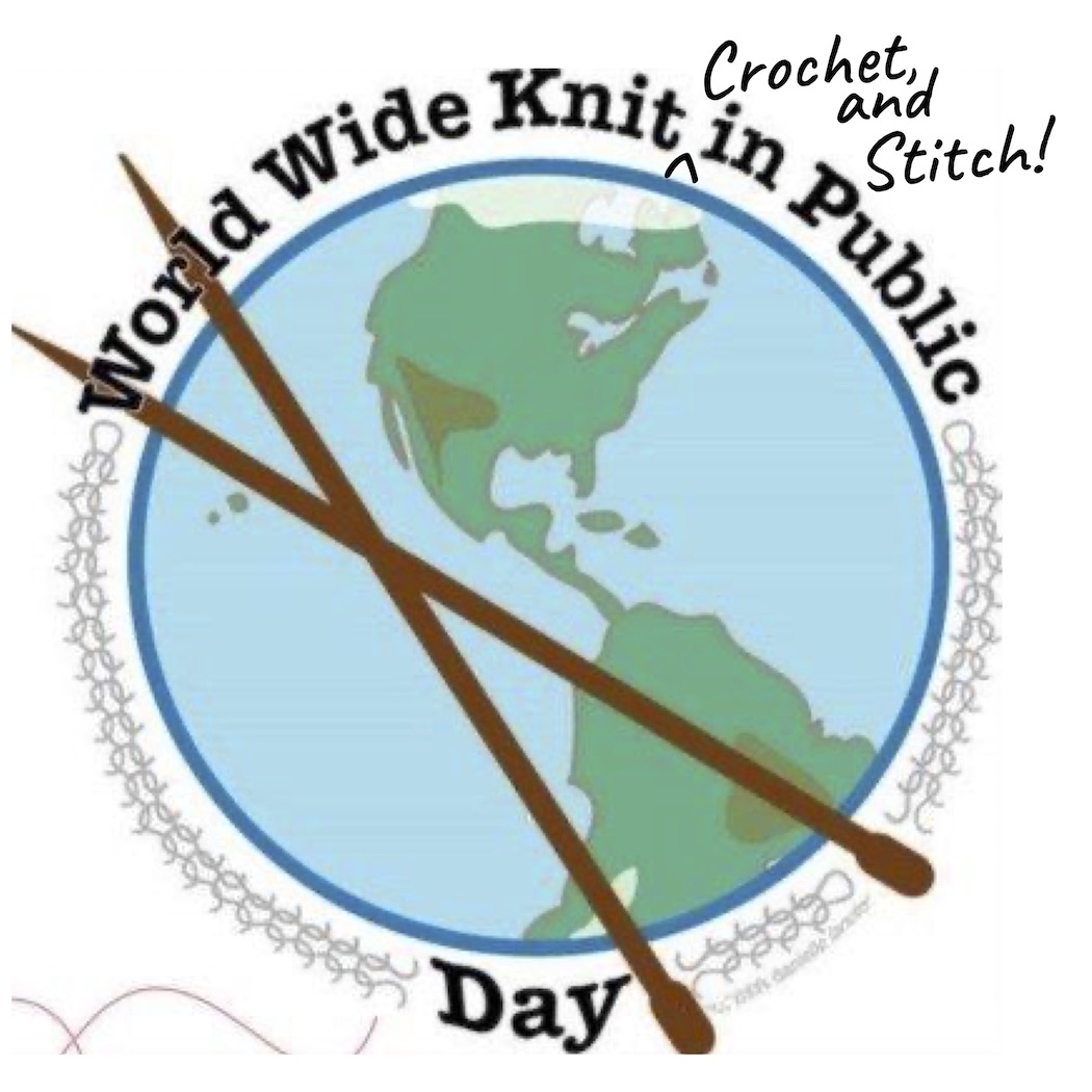logo design for world Wide Knit in Public Day, modified to add the words Crochet and Stitch. Illustration includes the globe's North, Central and South America with a pair of knitting needles on top