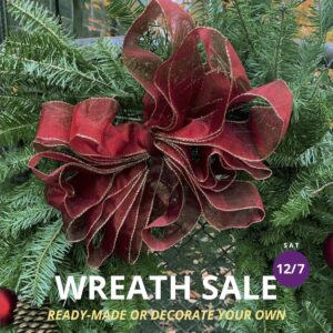 A Christmas Wreath of evergreen branches and fancy red ribbon with text "Wreath Sale"