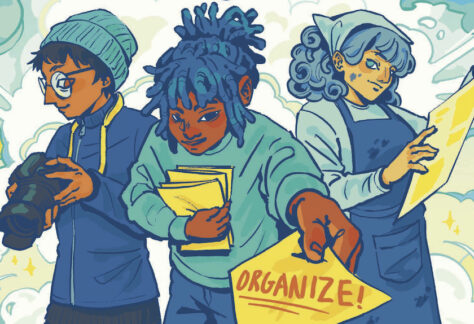 Illustration of three women, one handing out a flyer with text "Organize"