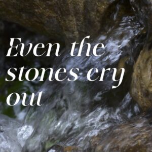 Text against a background of flowing water says "Even the stones cry out"
