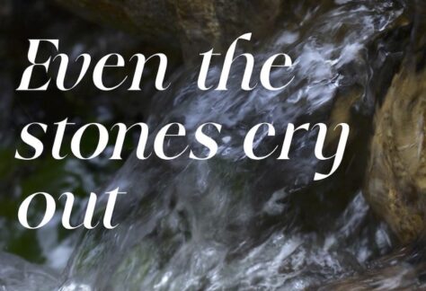 Text against a background of flowing water says "Even the stones cry out"