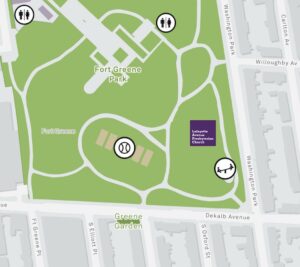 map of fort Greene park paths and location of the gathering marked with the LAPC logo, just inside the entrance at Willoughby AVENUE