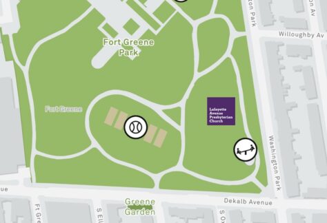 map of fort Greene park paths and location of the gathering marked with the LAPC logo, just inside the entrance at Willoughby AVENUE