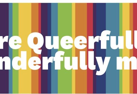 Graphic with stripes in the colors of the Pride flag with text "You are Queerfully and Wonderfully made