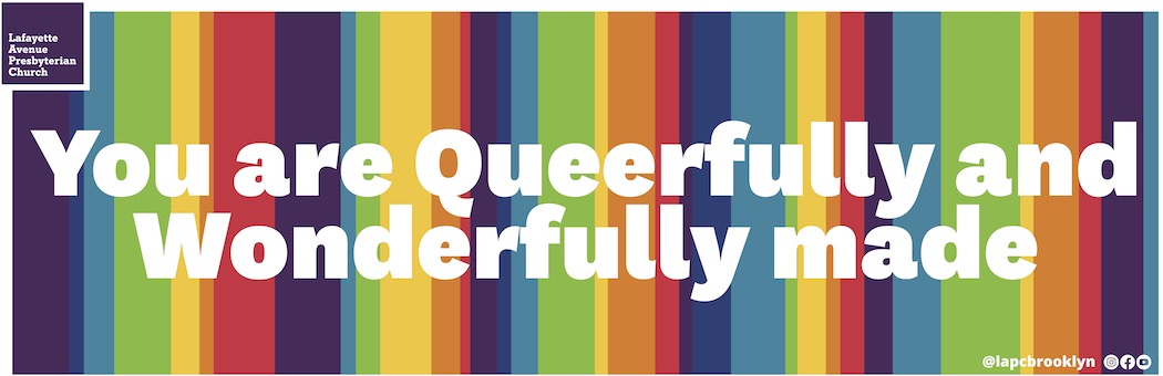 Graphic with stripes in the colors of the Pride flag with text "You are Queerfully and Wonderfully made