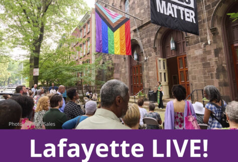 Front of church building, crowd gathered, Pride and BLM flags above, text Lafayette Live