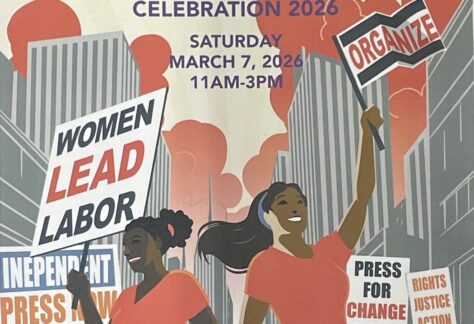 Poster illustration of women holding signs at a march or rally. "Women Lead Labor"